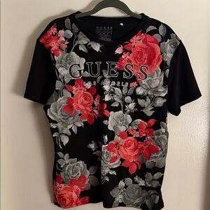 Guess Black Tee with Red and Gray Floral Design